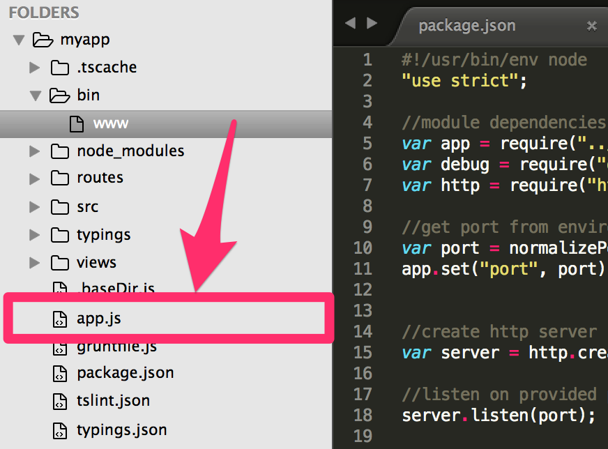 The app.js file is in the myapp directory, while the www file is in the ./bin directory